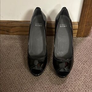 Stuart Weitzman Black Patent Leather Peep Toe Heels